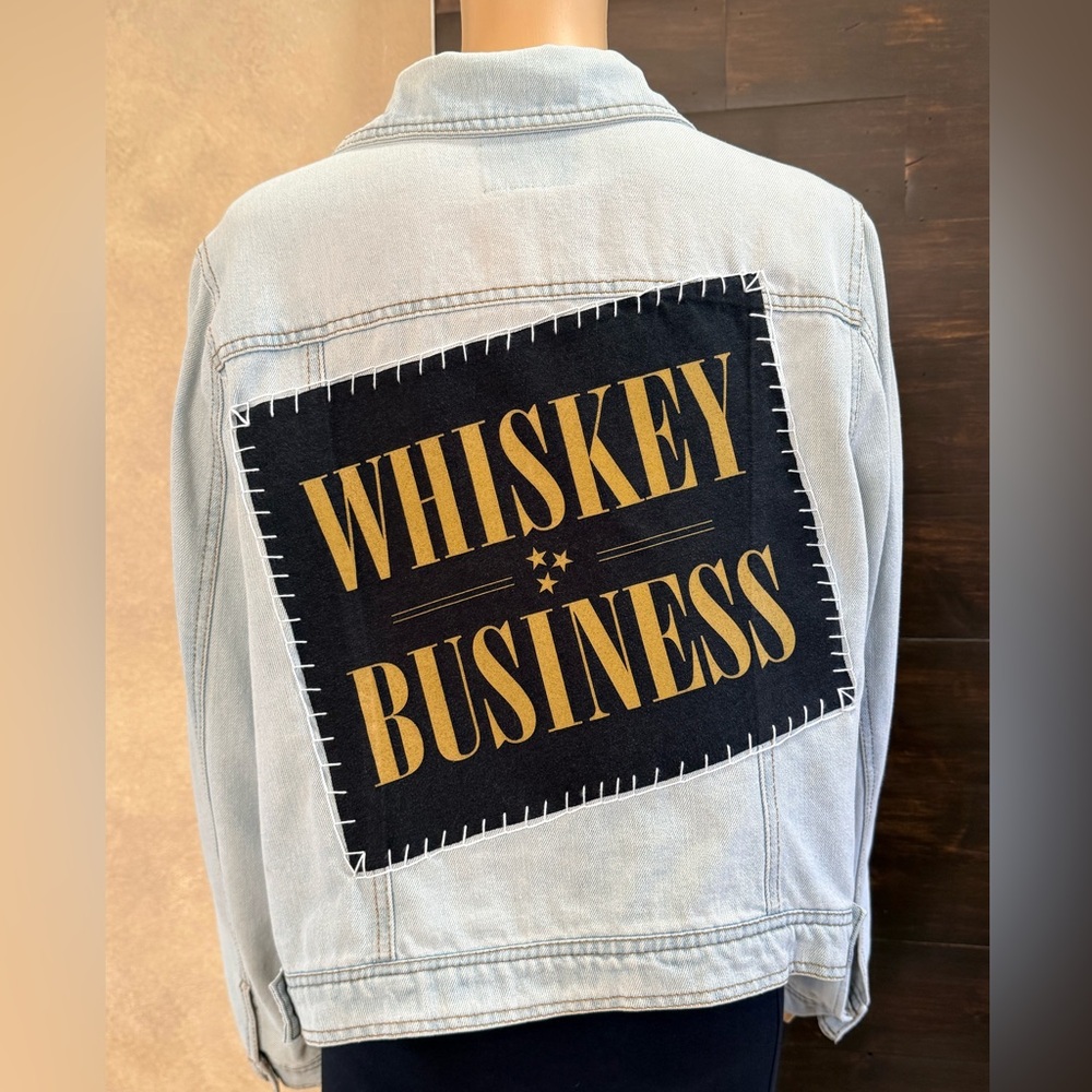 Upcycled Love Sick Whiskey Business Distressed Denim Jacket Size 0